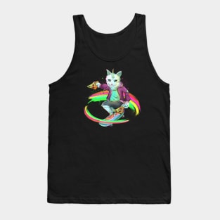 Unicorn Skateboarding Cat in Space Pizza Tank Top